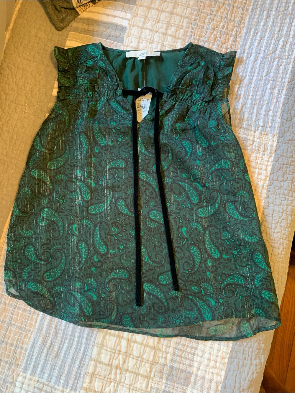 LOFT Green Black Metallic Thread Paisley Velvet Tie-Front Sleeveless Blouse XXSP